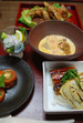 2009年7月19日　鰻の蒲焼と厚焼き卵　阿波尾鶏のトマトのクリームスープ　枝豆とシーチキンのワンタン揚げ　キュウリのあっさり漬けとイカ刺しの盛り合わせ　トマトとバジルのサラダ