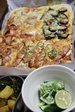 2010年9月20日　バジル生地の3種類ピザ（ナス　ウィンナー　トマト）　きゅうりとオクラの盛り合わせ　ジャガイモと刻み昆布の煮物
