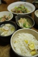 2010年9月26日　栗ごはん　そば米汁　きゅうりと竹輪　ほうれん草のおひたし　青梗菜のソテー