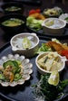 2013年4月22日　タケノコとワラビの卵とじ　ホウレンソウのおひたし　貝の酢味噌和え　イワシのマリネ　フィッシュカツ　