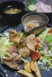 2013年5月26日　阿波尾鶏のから揚げ　フライドポテト　サラダ　蒲鉾の胡麻和え　お刺身　ナスのお味噌汁